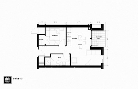 Floor plan for 1 bed, 1 bath, 632 sqft